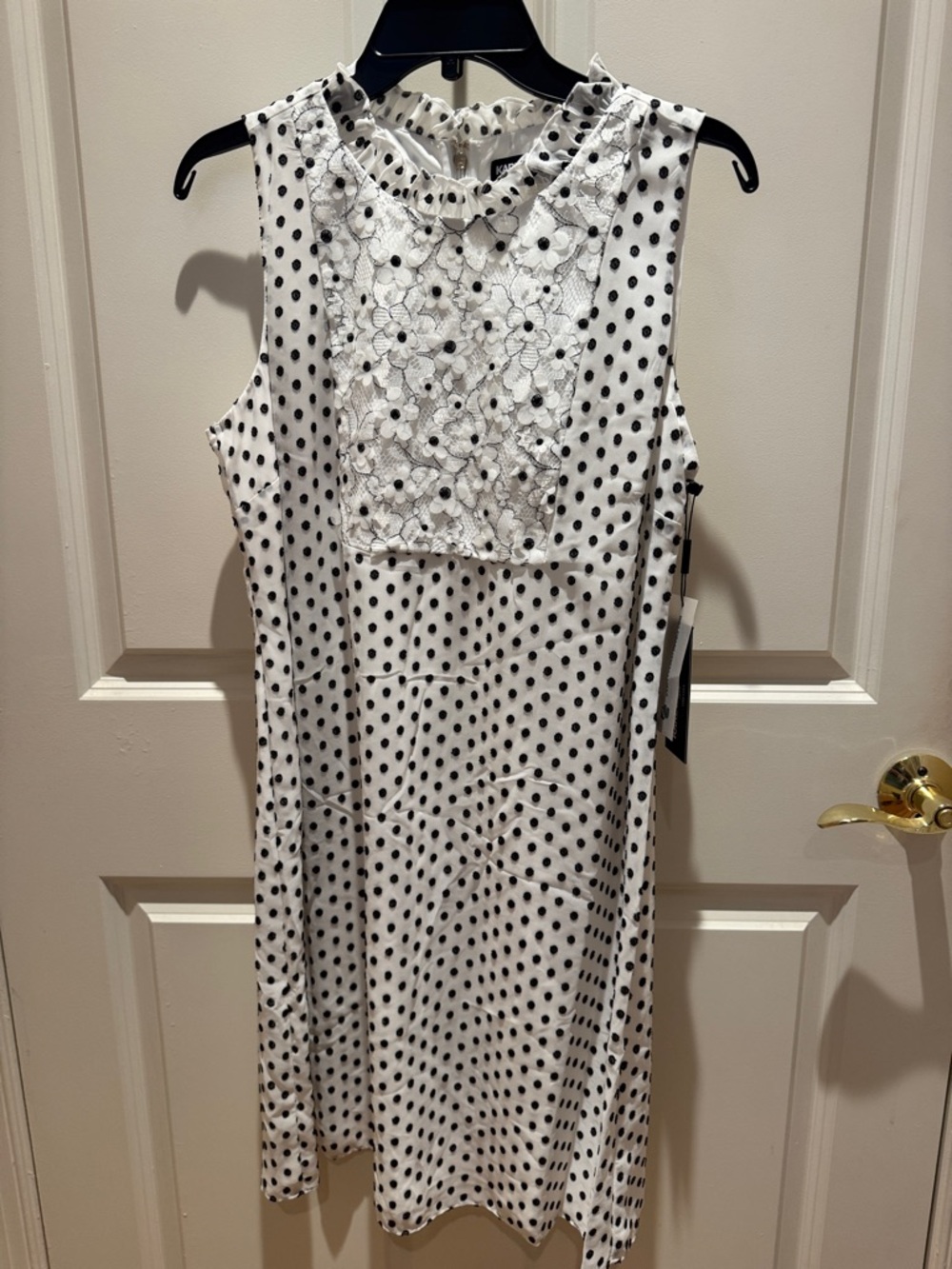 Karl Lagerfeld White Midi Dress with Black Polka Dots and Lace Yoke